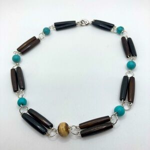 Vtg Wooden Tube & Blue Glass Bead Choker Necklace Silver Tone Metal 15”